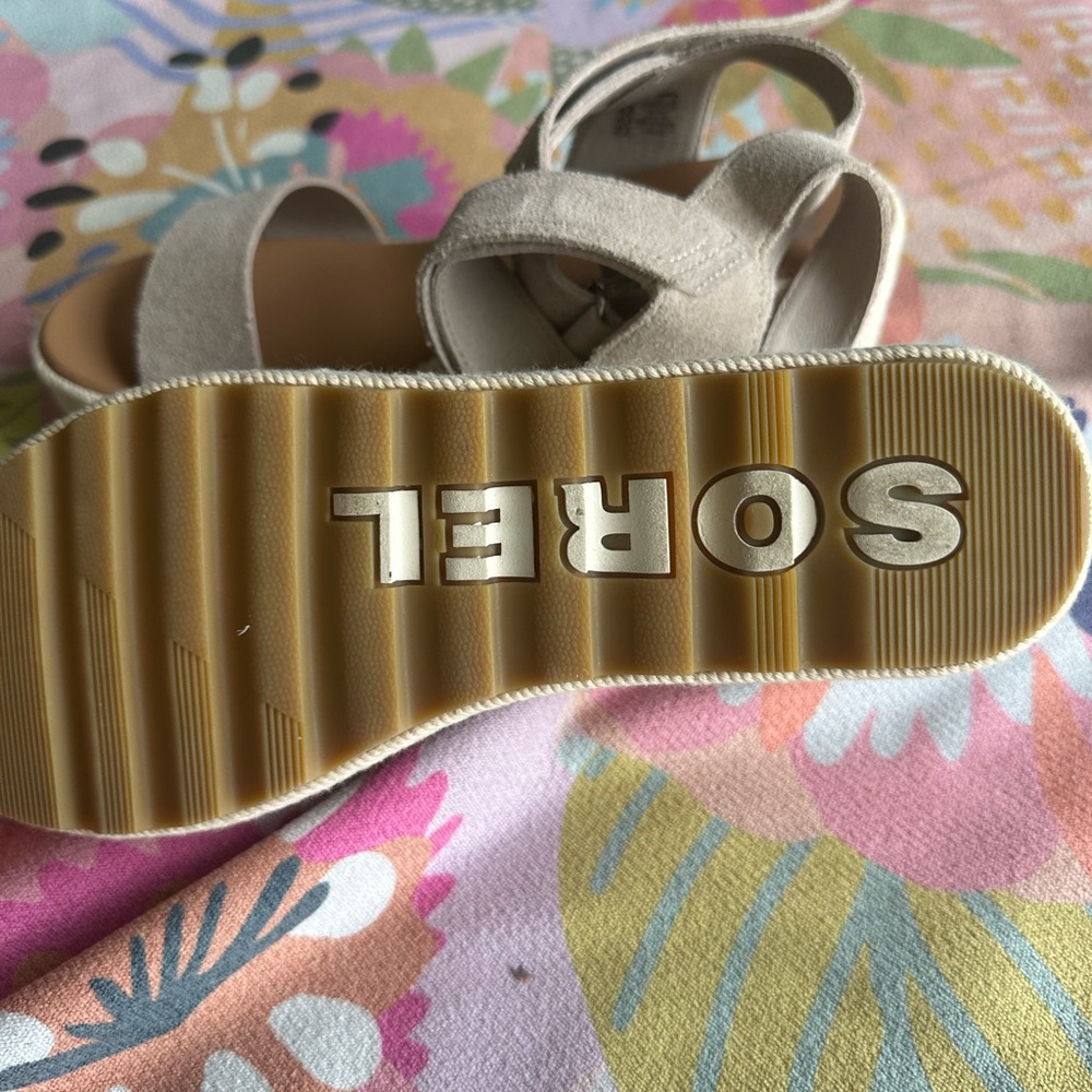 Sorel Beige Suede Wedge Sandals - Picture 2 of 4